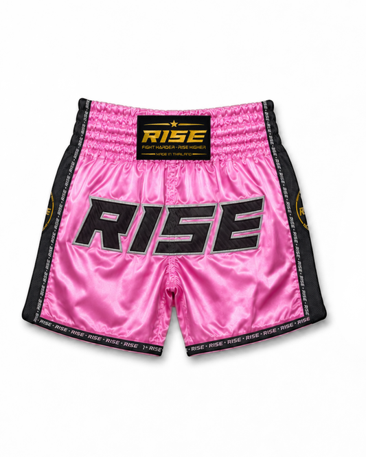 RISE MUAY THAI SHORTS SATIN (PINK/BLACK)