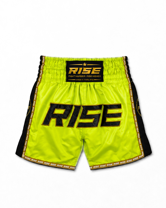 RISE MUAY THAI SHORTS BLACK MESH COLLECTION (NEON GREEN)