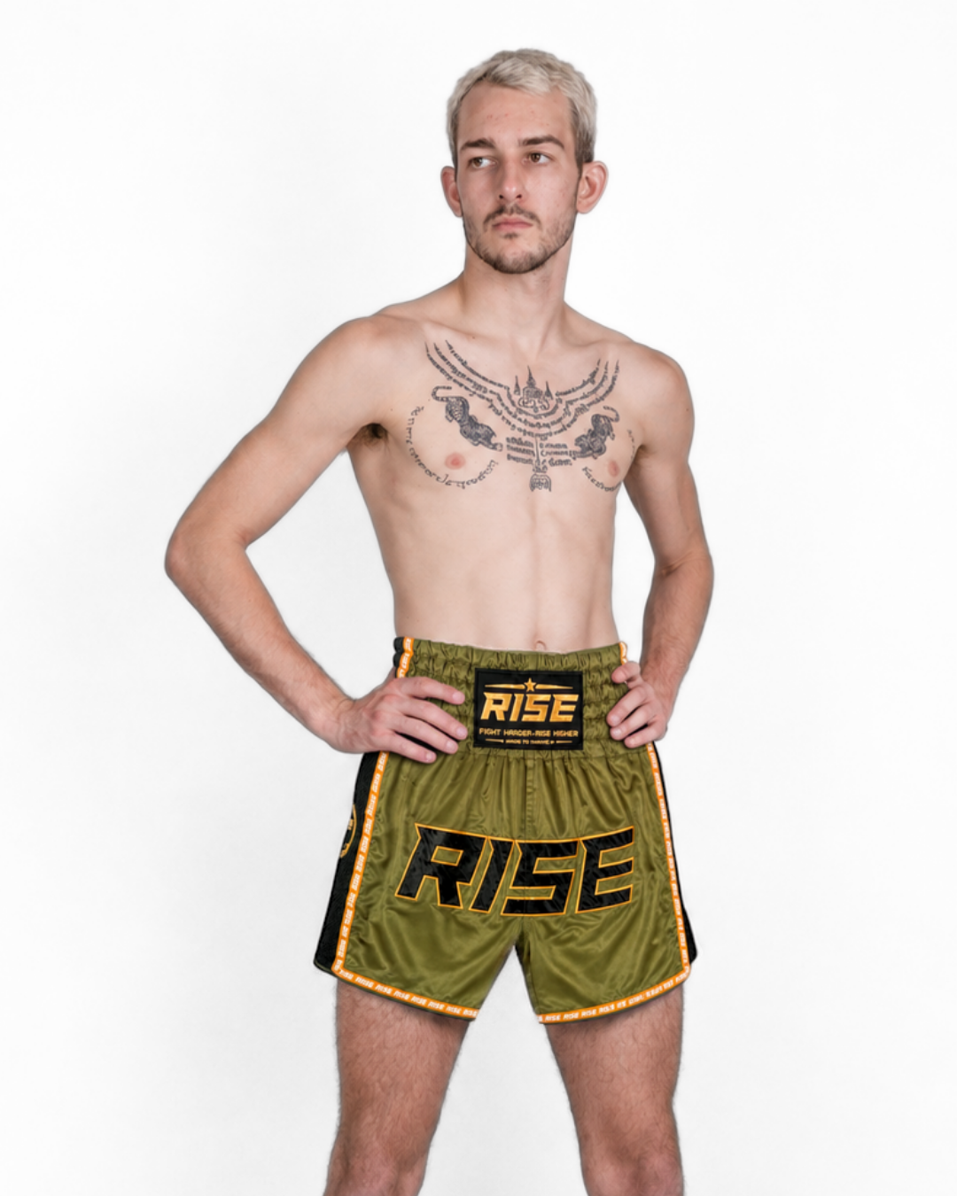 RISE MUAY THAI SHORTS BLACK MESH COLLECTION (ARMY GREEN)