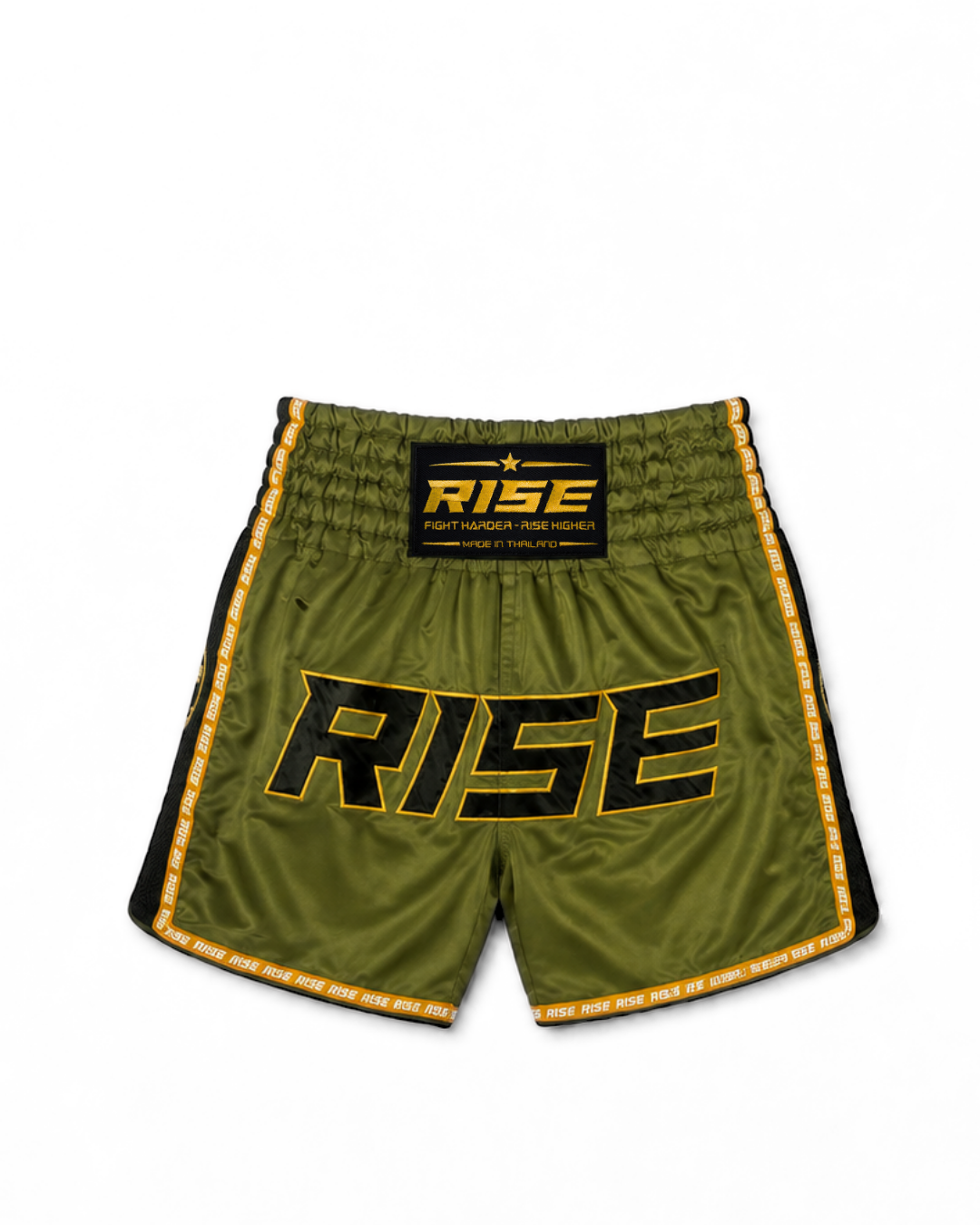 RISE MUAY THAI SHORTS BLACK MESH COLLECTION (ARMY GREEN)