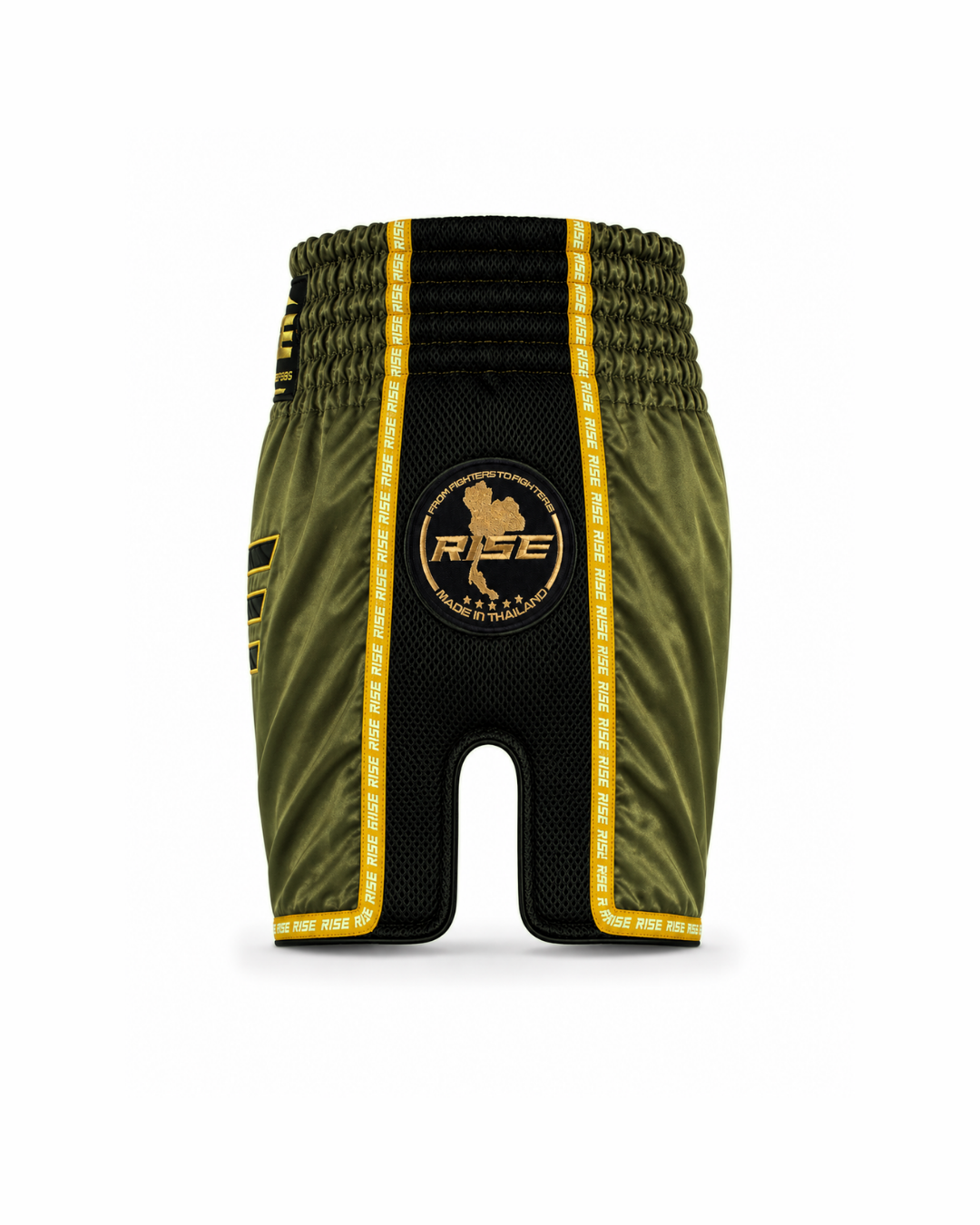 RISE MUAY THAI SHORTS BLACK MESH COLLECTION (ARMY GREEN)