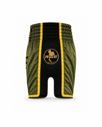 RISE MUAY THAI SHORTS BLACK MESH COLLECTION (ARMY GREEN)