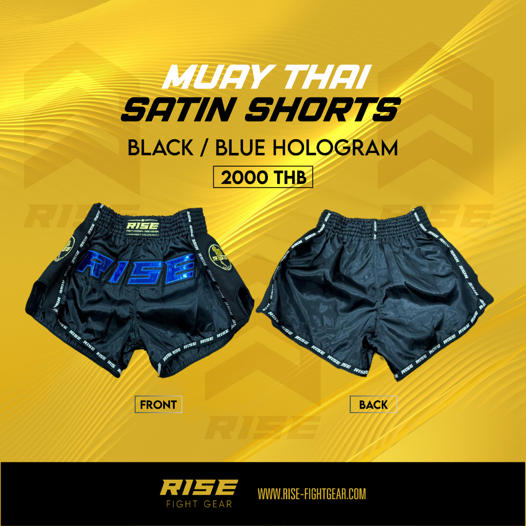 RISE MUAY THAI SHORTS SATIN (BLACK/BLUE)