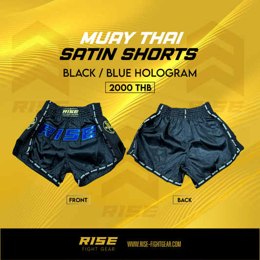 RISE MUAY THAI SHORTS SATIN (BLACK/BLUE)