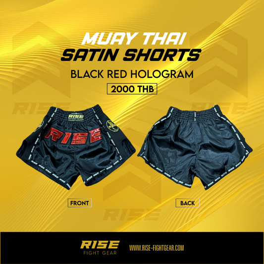 RISE MUAY THAI SHORTS SATIN (BLACK/RED)