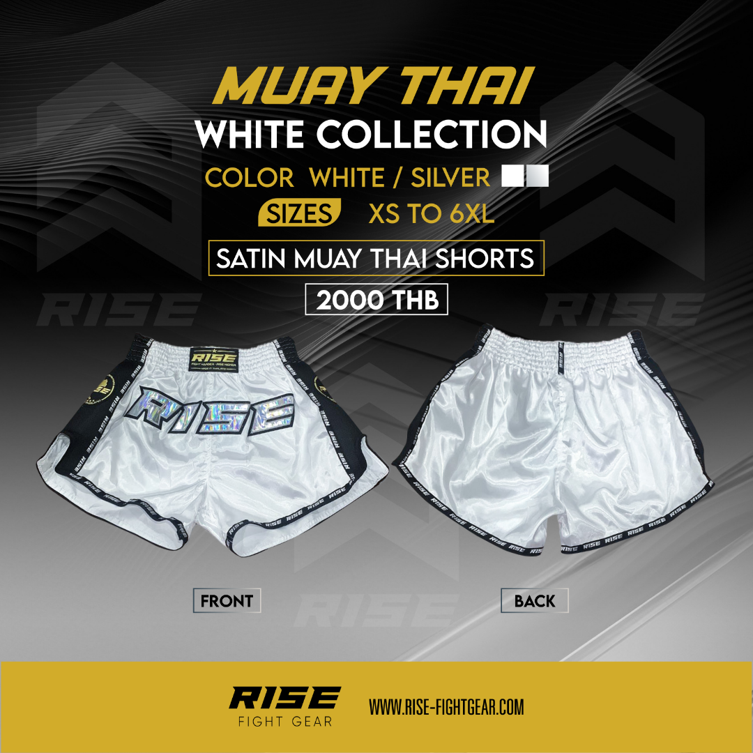 RISE MUAY THAI SHORTS SATIN (WHITE/SILVER)