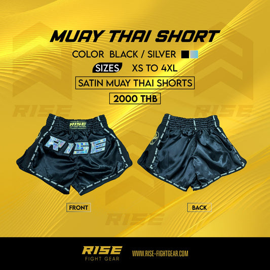 RISE MUAY THAI SHORTS SATIN (BLACK/SILVER)