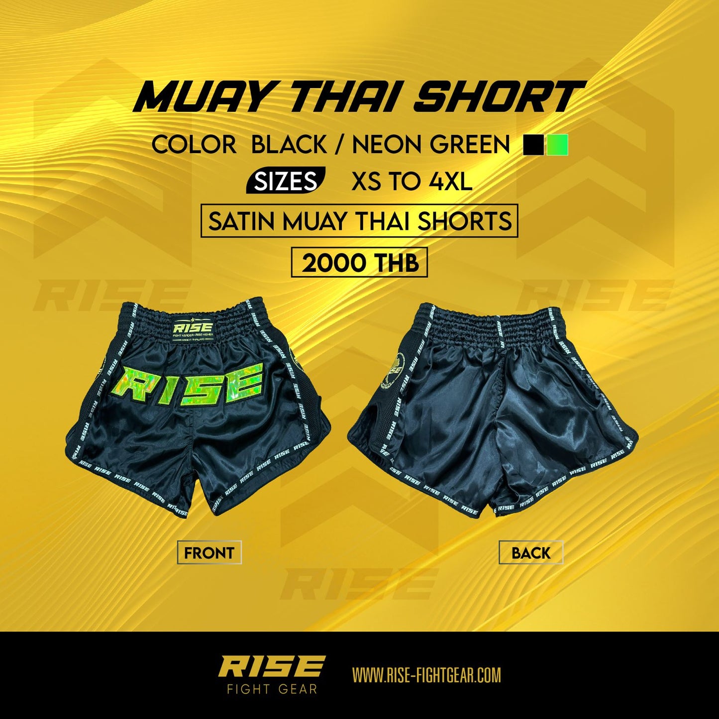 RISE MUAY THAI SHORTS SATIN (BLACK/GREEN)